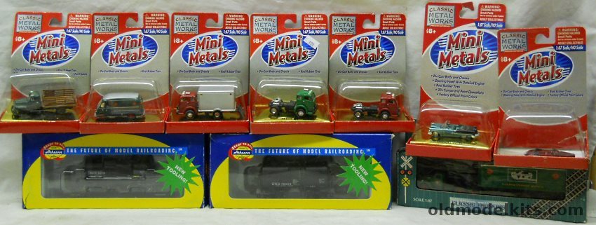 Mini Metals 1/87 1951 Ford F-6 Stake Truck / Metro Delivery Truck / 1953 White 3000 Box Truck / 1953 White 3000 Tractor (2 - Green and Red) / 1955 Chevrolet Bel-Air / 1948 Ford Convertible / IMEX Railway Express Tractor and Trailer / Ahthearn 89111 UTLX and GATX NACC 8K B plastic model kit